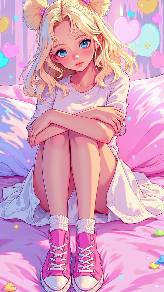 Неоновая красотка в розово-белом образе и светящемся окружении. Картинка из нейронной сети Flux.1 Неоновая красотка в розово-белом образе и светящемся окружении. Картинка из нейронной сети Flux.1