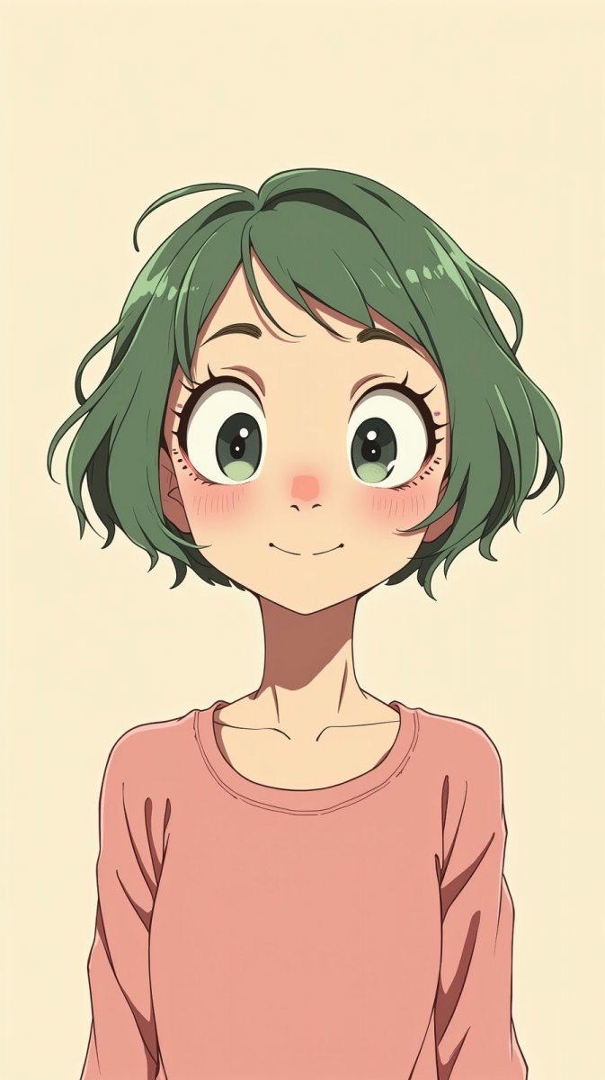 Весёлый мультяшный персонаж с зелёными волосами и игривым выражением лица. Генерация из нейронной сети Flux.1 Весёлый мультяшный персонаж с зелёными волосами и игривым выражением лица. Генерация из нейронной сети Flux.1