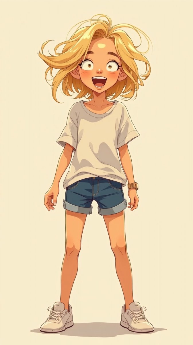 Веселый персонаж с золотыми кудрями и яркими глазами. Картинка из нейронной сети Flux Веселый персонаж с золотыми кудрями и яркими глазами. Картинка из нейронной сети Flux