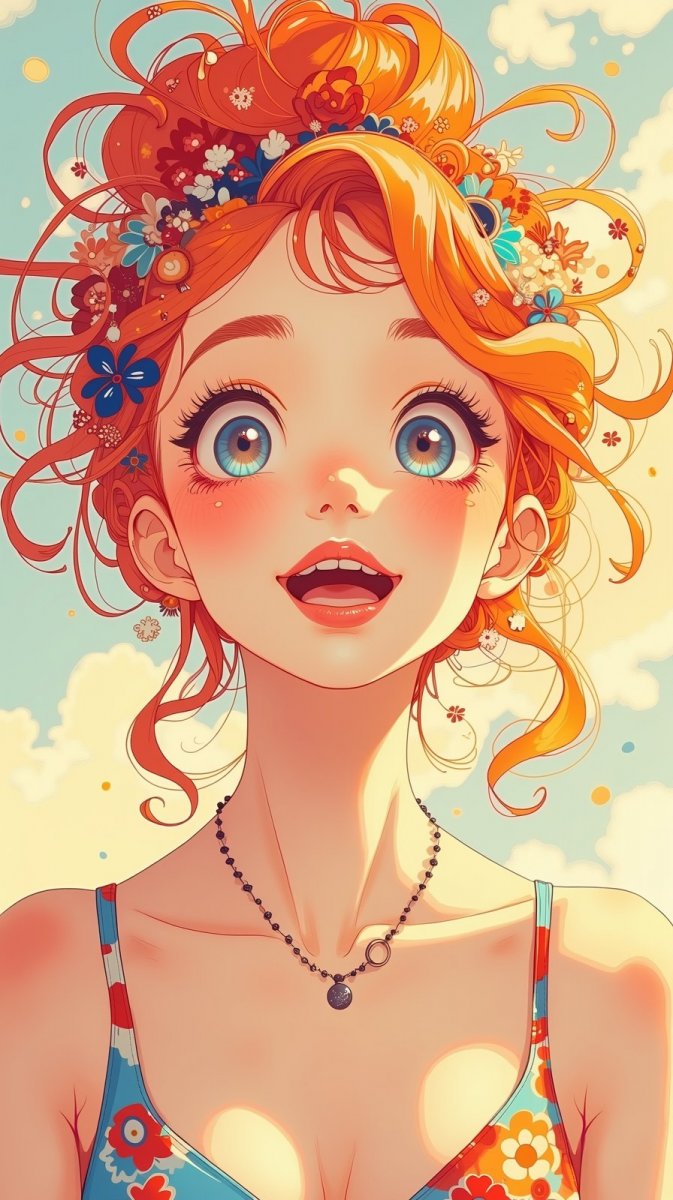 Игривая красотка с яркими волосами и счастливым настроением в мультяшном стиле. Картинка из нейронной сети Flux Игривая красотка с яркими волосами и счастливым настроением в мультяшном стиле. Картинка из нейронной сети Flux