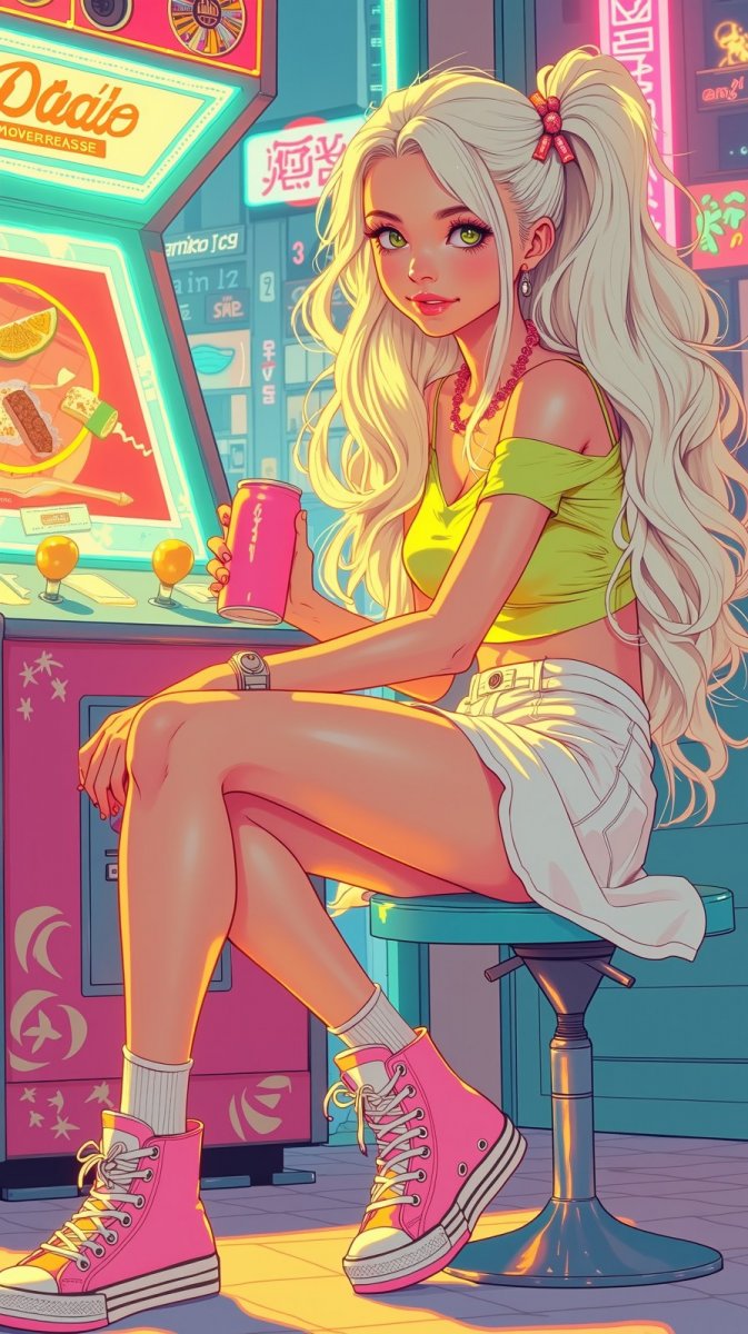 Неоновая блондинка у игрового автомата: городские огни и спокойствие. Картинка из нейросети Flux.1 Неоновая блондинка у игрового автомата: городские огни и спокойствие. Картинка из нейросети Flux.1