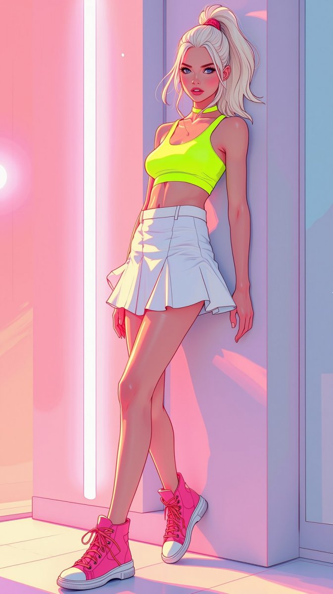 Яркая блондинка в неоновом стиле: мода и спокойствие. Генерация из нейронной сети Flux Яркая блондинка в неоновом стиле: мода и спокойствие. Генерация из нейронной сети Flux