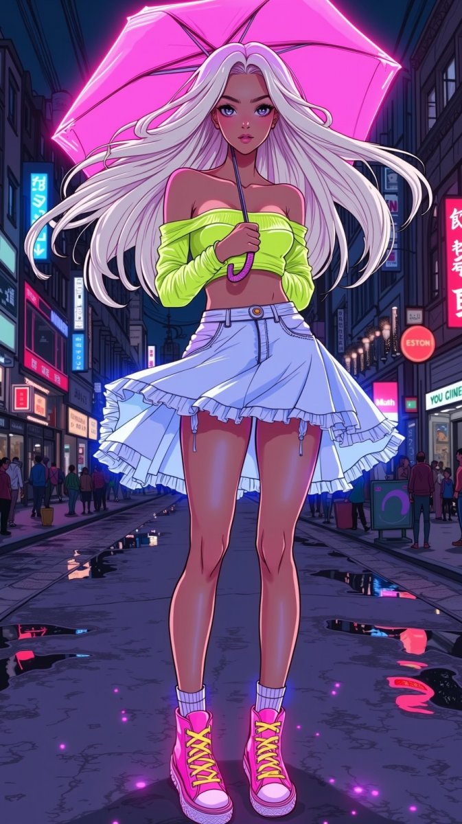 Неоновая ночь: уверенность и стиль городской блондинки. Картинка из нейросети Flux 1 Неоновая ночь: уверенность и стиль городской блондинки. Картинка из нейросети Flux 1