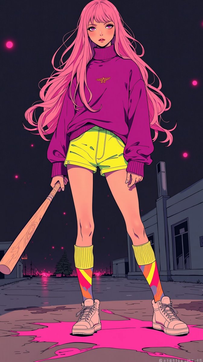 Яркая девушка с розовыми волосами и бейсбольной битой в жутком окружении. Картинка из нейросети Flux 1 Яркая девушка с розовыми волосами и бейсбольной битой в жутком окружении. Картинка из нейросети Flux 1
