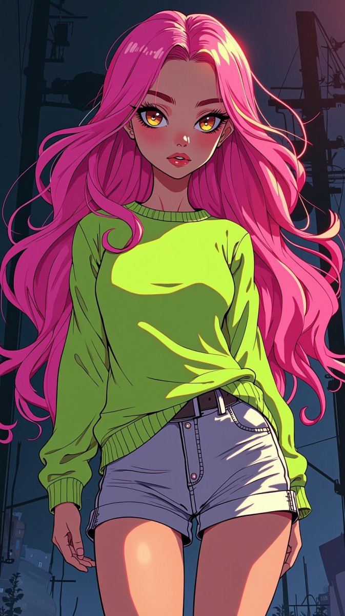 Яркая кукла с розовыми волосами в неоновом стиле. Генерация из нейронной сети Flux Яркая кукла с розовыми волосами в неоновом стиле. Генерация из нейронной сети Flux