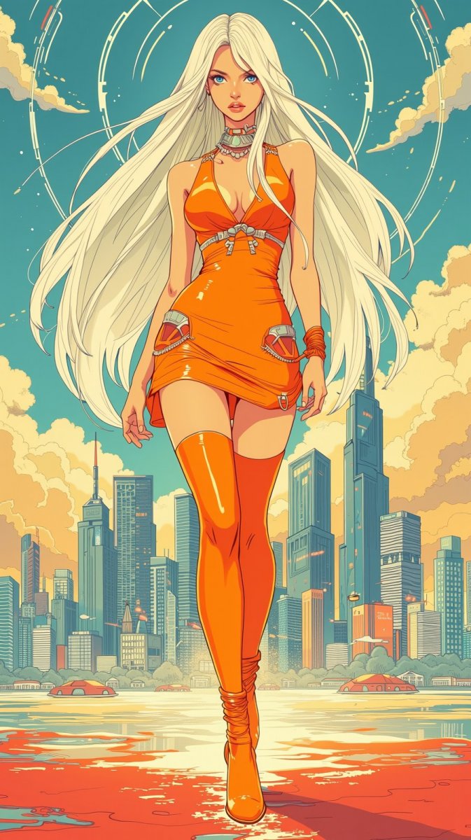 Богиня неонового города в оранжевом платье и высоких сапогах. Генерация из нейронной сети Flux Ai Богиня неонового города в оранжевом платье и высоких сапогах. Генерация из нейронной сети Flux Ai