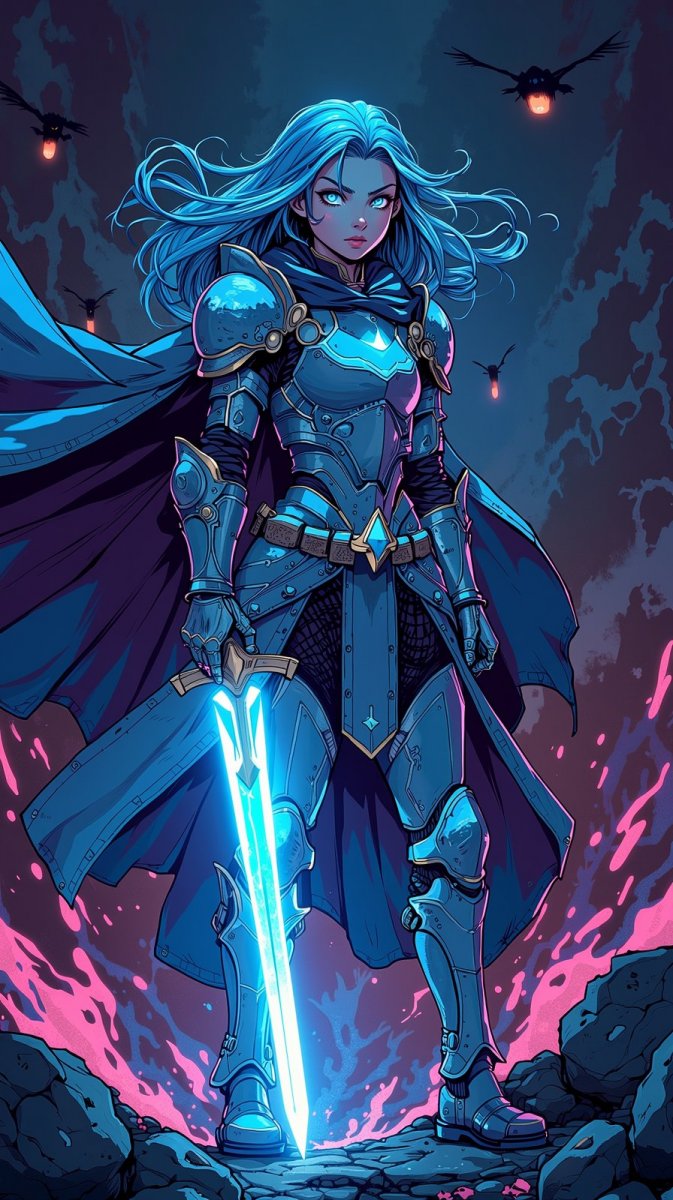 Воинственная принцесса на жутком поле боя с неоновым доспехом и светящимся мечом. Картинка из нейросети Flux Воинственная принцесса на жутком поле боя с неоновым доспехом и светящимся мечом. Картинка из нейросети Flux