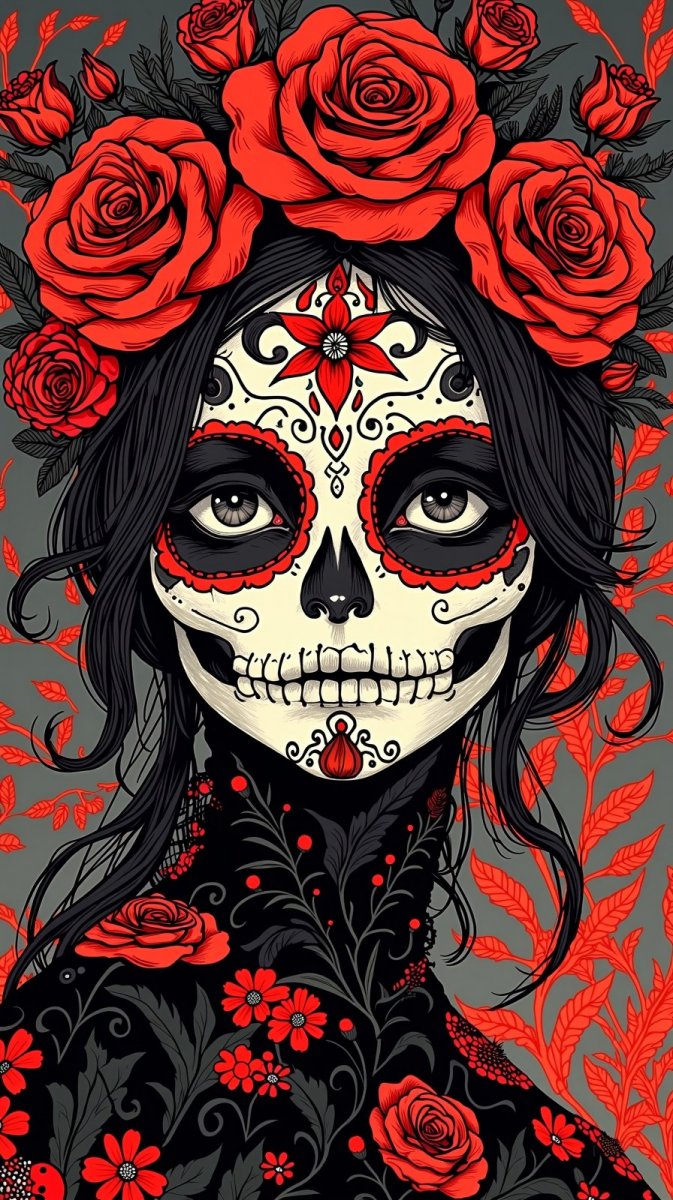 Мексиканская красотка в стиле готики и черепа. Картинка из нейронной сети Flux.1 Мексиканская красотка в стиле готики и черепа. Картинка из нейронной сети Flux.1
