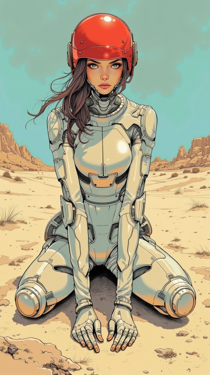 Девушка в футуристическом костюме на фоне пустыни и голубого неба. Картинка из нейросети Flux.1 Девушка в футуристическом костюме на фоне пустыни и голубого неба. Картинка из нейросети Flux.1
