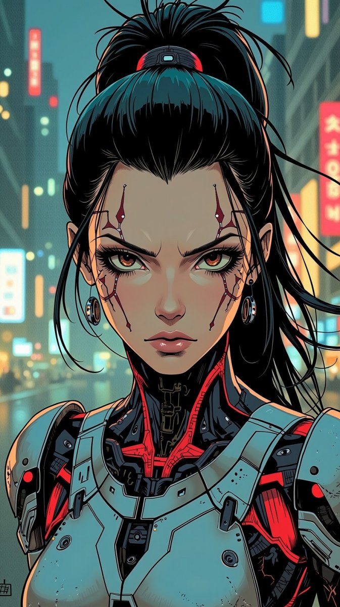 Киберпанк: футуристическая женщина в металлической броне под ночным городом. Нейронная сеть Flux Киберпанк: футуристическая женщина в металлической броне под ночным городом. Нейронная сеть Flux