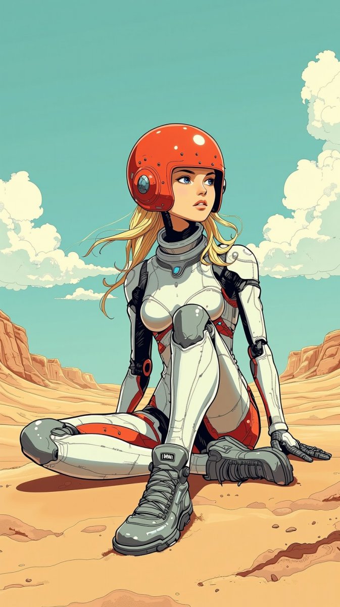 Девушка в металлическом костюме: одиночество и будущее. Изображение из нейронной сети Flux 1 Девушка в металлическом костюме: одиночество и будущее. Изображение из нейронной сети Flux 1