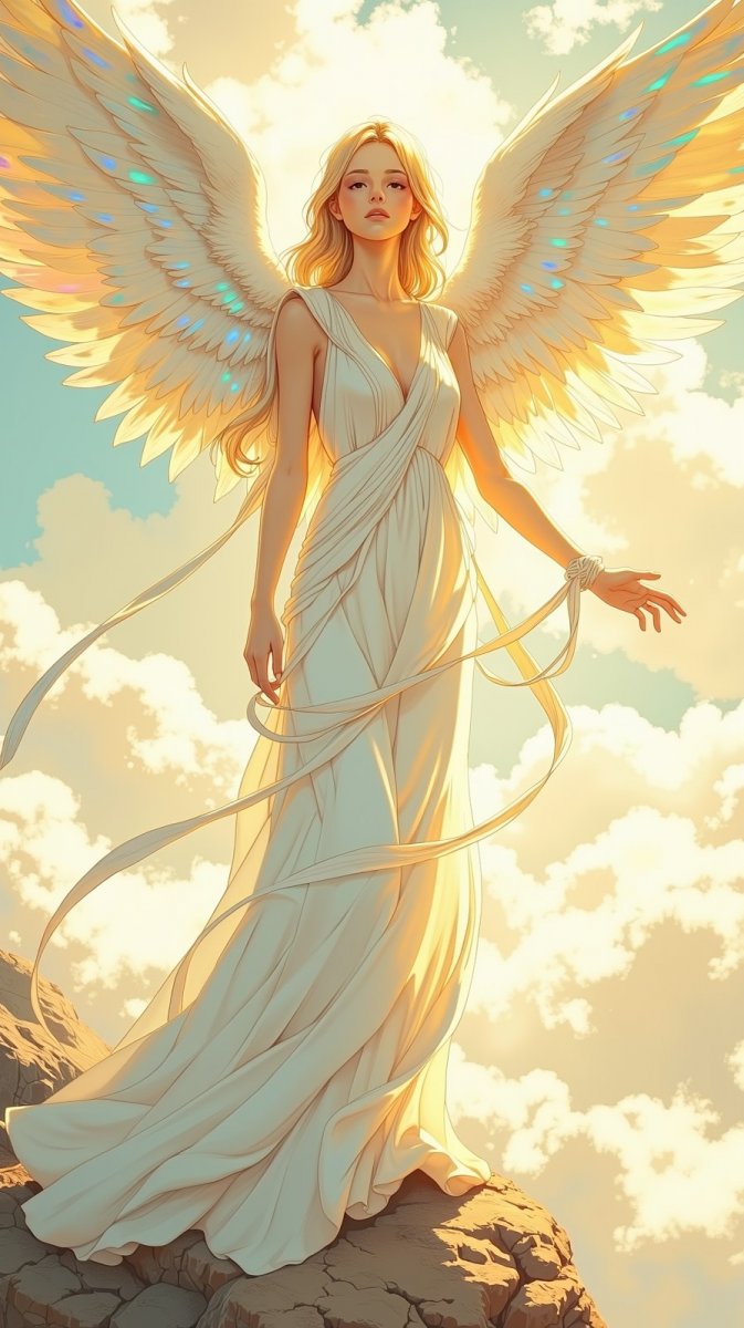 Небесная дева на вершине горы в сияющем облаке. Нейронная сеть Flux Небесная дева на вершине горы в сияющем облаке. Нейронная сеть Flux