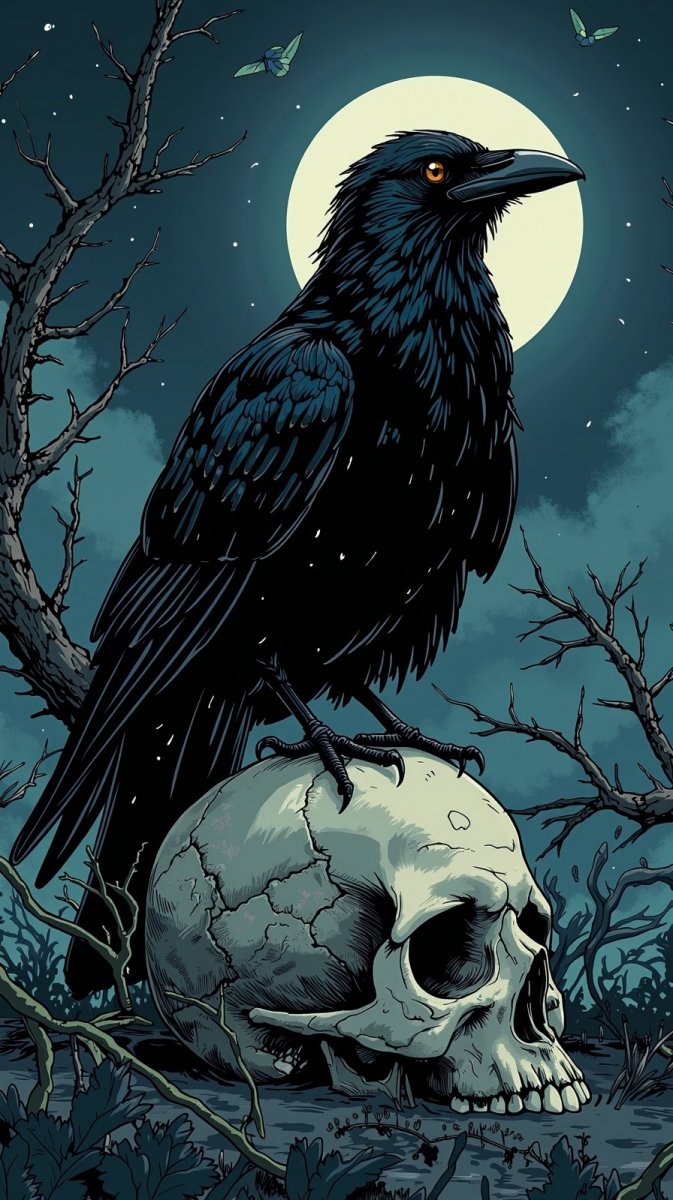 Ворон на черепе в туманной ночи: готическая гипердетализация. Генерация из нейронной сети Flux Ворон на черепе в туманной ночи: готическая гипердетализация. Генерация из нейронной сети Flux