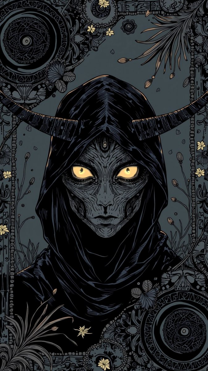 Таинственная фигура в черной вуали и светящихся глазах. Генерация из нейронной сети Flux.1 Таинственная фигура в черной вуали и светящихся глазах. Генерация из нейронной сети Flux.1