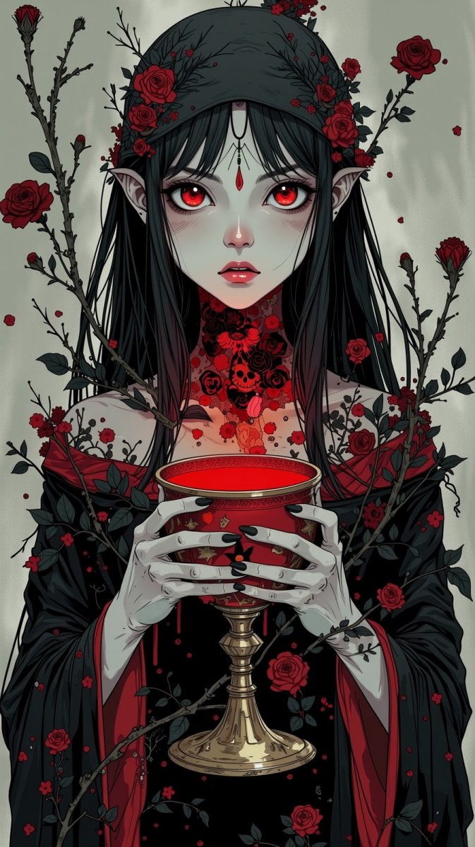 Кровавая ведьма с алой чашей в готическом мраке. Картинка из нейронной сети Flux Ai Кровавая ведьма с алой чашей в готическом мраке. Картинка из нейронной сети Flux Ai