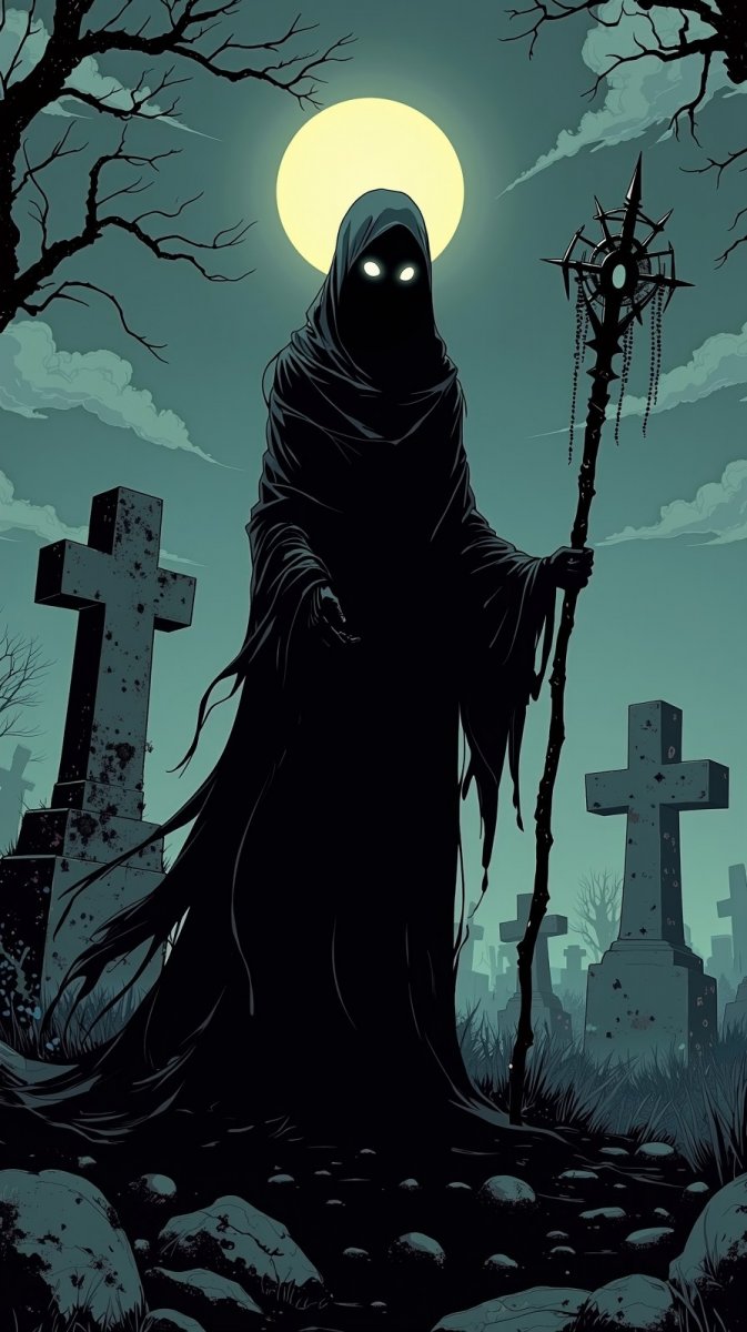 Тёмная колдунья над древним кладбищем: мистическое видение ночи. Изображение из нейронной сети Flux Ai Тёмная колдунья над древним кладбищем: мистическое видение ночи. Изображение из нейронной сети Flux Ai