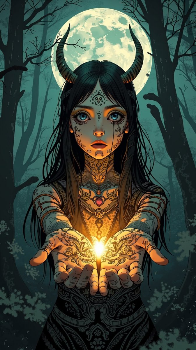 Таинственная провидица в лунном лесу с древними татуировками и зловещей мудростью. Картинка из нейронной сети Flux.1 Таинственная провидица в лунном лесу с древними татуировками и зловещей мудростью. Картинка из нейронной сети Flux.1