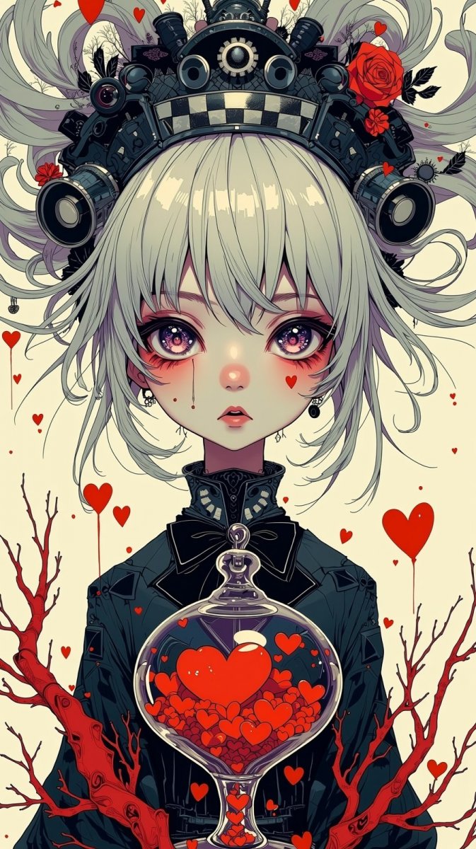 Загадочная девушка с фиолетовыми глазами и серебряными волосами у песочных часов. Нейронная сеть Flux.1 Загадочная девушка с фиолетовыми глазами и серебряными волосами у песочных часов. Нейронная сеть Flux.1