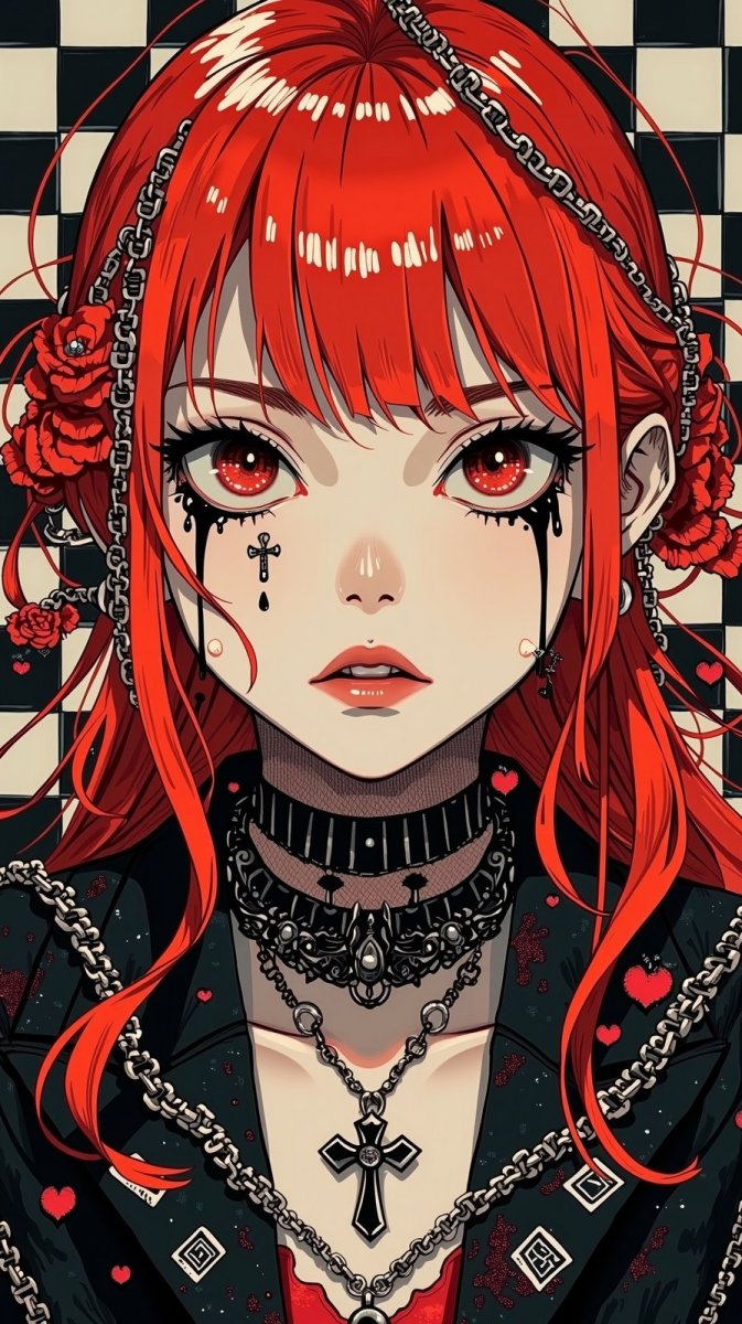 Эмо девушка с алыми волосами и черными слезами в готическом стиле. Изображение из нейросети Flux.1 Эмо девушка с алыми волосами и черными слезами в готическом стиле. Изображение из нейросети Flux.1