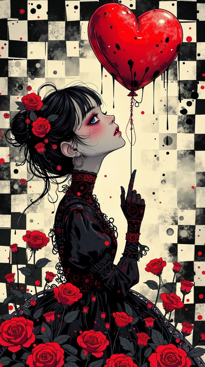 Мечтательная готка с воздушным шаром в форме сердца и розами. Изображение из нейросети Flux.1 Мечтательная готка с воздушным шаром в форме сердца и розами. Изображение из нейросети Flux.1