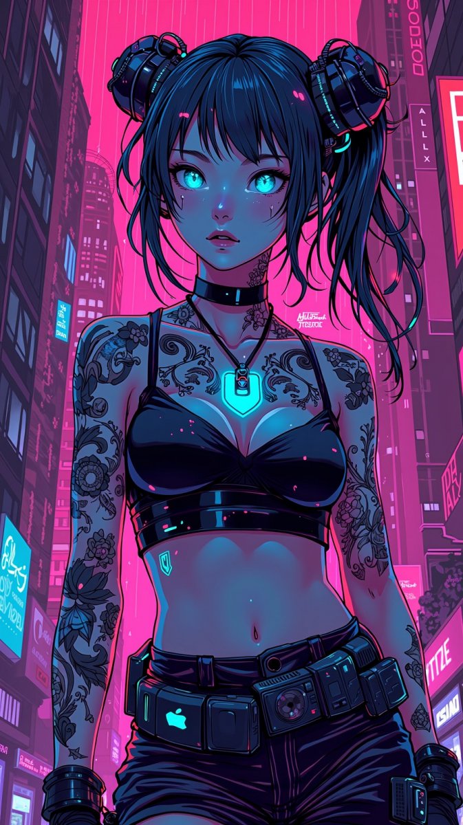 Неоновый дождь и светящиеся татуировки: готическая девушка в киберпанк-городе. Нейросеть Flux Ai Неоновый дождь и светящиеся татуировки: готическая девушка в киберпанк-городе. Нейросеть Flux Ai