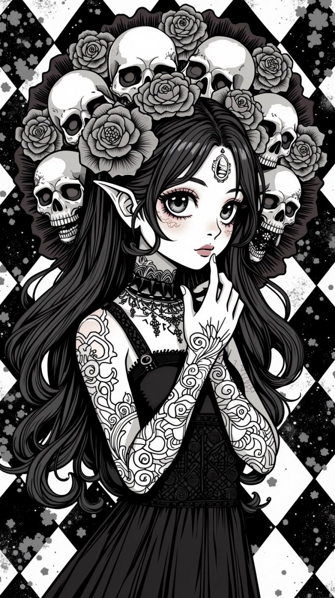 Готическая красавица в розах и черепах: цифровое искусство с мрачной романтикой. Картинка из нейросети Flux Ai Готическая красавица в розах и черепах: цифровое искусство с мрачной романтикой. Картинка из нейросети Flux Ai