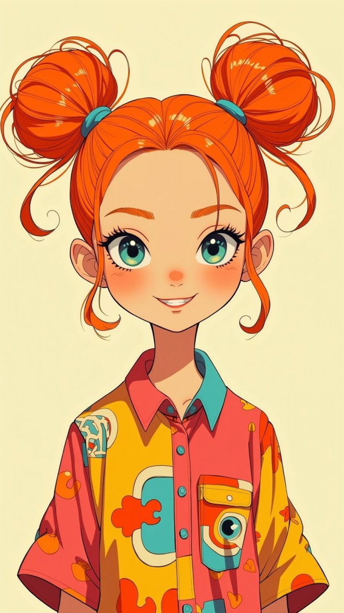 Яркая девчушка в стиле ретро: озорной взгляд и апельсиновые хвостики. Генерация из нейросети Flux Ai Яркая девчушка в стиле ретро: озорной взгляд и апельсиновые хвостики. Генерация из нейросети Flux Ai