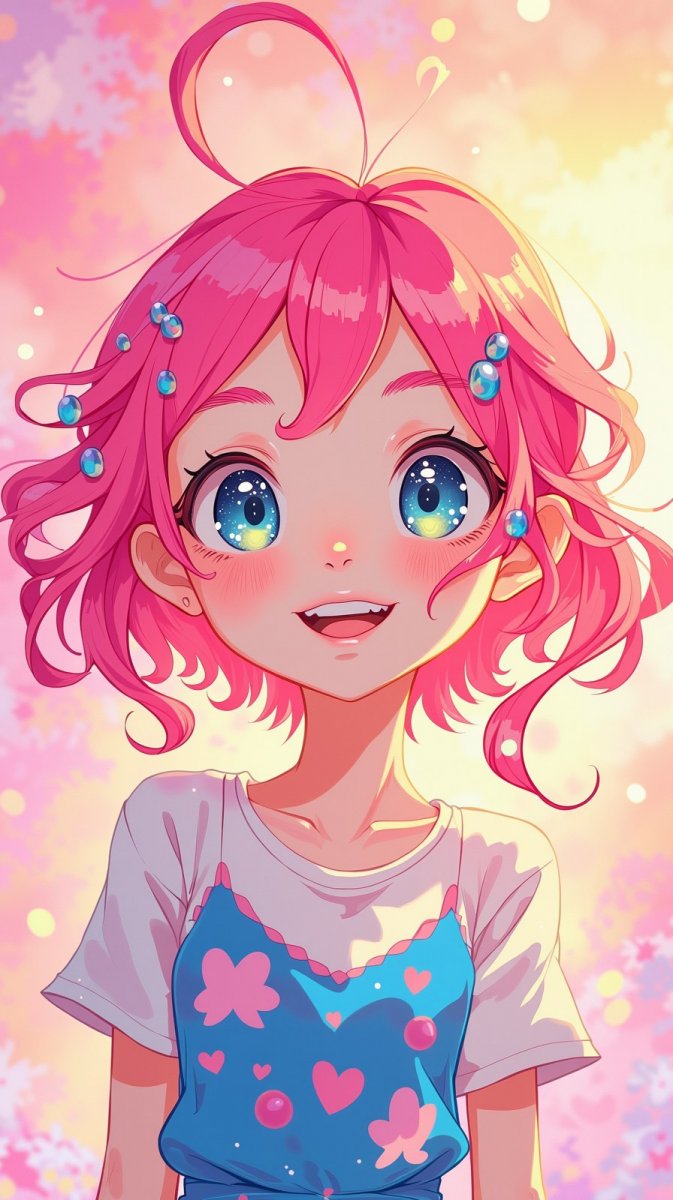 Яркая аниме девушка: каскад розового веселья и мечтательный фон. Изображение из нейронной сети Flux.1 Яркая аниме девушка: каскад розового веселья и мечтательный фон. Изображение из нейронной сети Flux.1