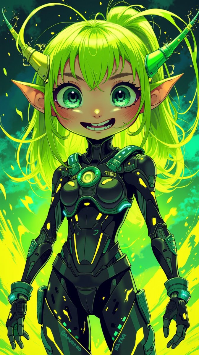 Кибердевочка с зелеными волосами и ярким выражением глаз в неоновом мире. Нейронная сеть Flux Кибердевочка с зелеными волосами и ярким выражением глаз в неоновом мире. Нейронная сеть Flux