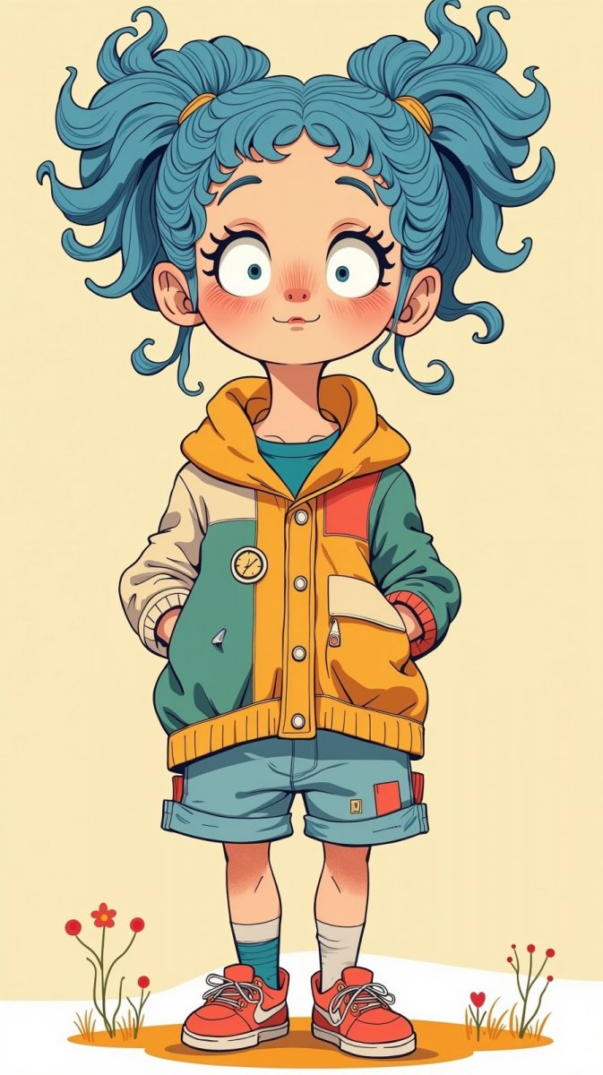 Причудливая девушка с голубыми кудряшками в ярком образе и гротескными чертами. Генерация из нейронной сети Flux.1 Причудливая девушка с голубыми кудряшками в ярком образе и гротескными чертами. Генерация из нейронной сети Flux.1