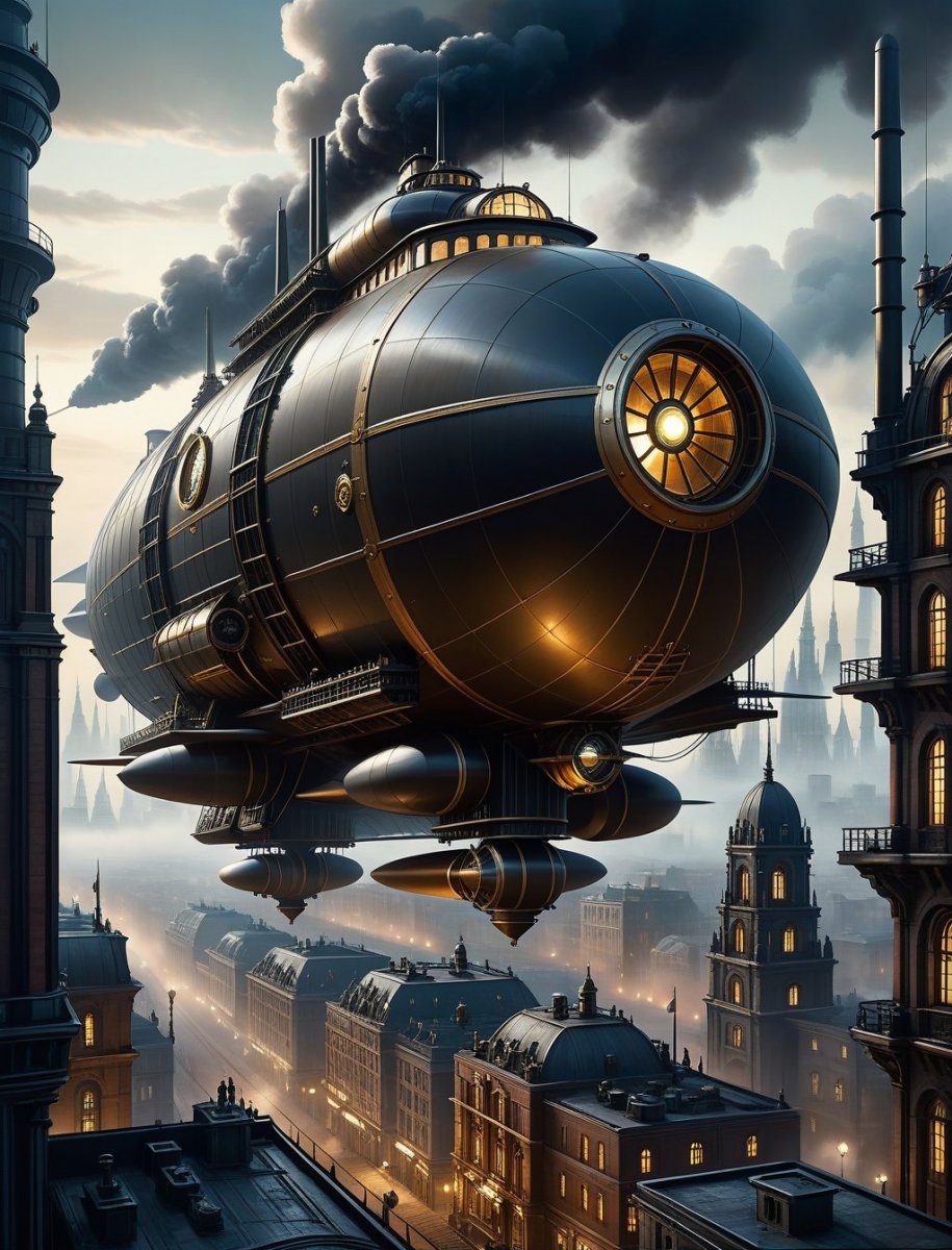 Дизельпанк: Воздушный корабль над городом в стиле Ар-Деко и мрачной дымке. Изображение из нейросети Стейбл Дифьюжен Дизельпанк: Воздушный корабль над городом в стиле Ар-Деко и мрачной дымке. Изображение из нейросети Стейбл Дифьюжен