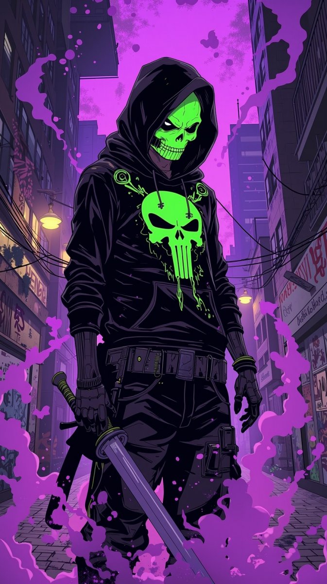 Таинственный воин в черной маске и с мечом среди фиолетового тумана. Нейросеть Flux Ai Таинственный воин в черной маске и с мечом среди фиолетового тумана. Нейросеть Flux Ai