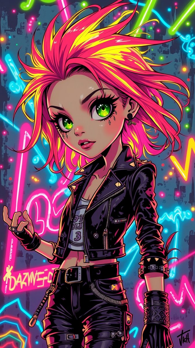 Яркая панк-рокерша: бунтарский дух и неоновые краски. Изображение из нейронной сети Flux Яркая панк-рокерша: бунтарский дух и неоновые краски. Изображение из нейронной сети Flux