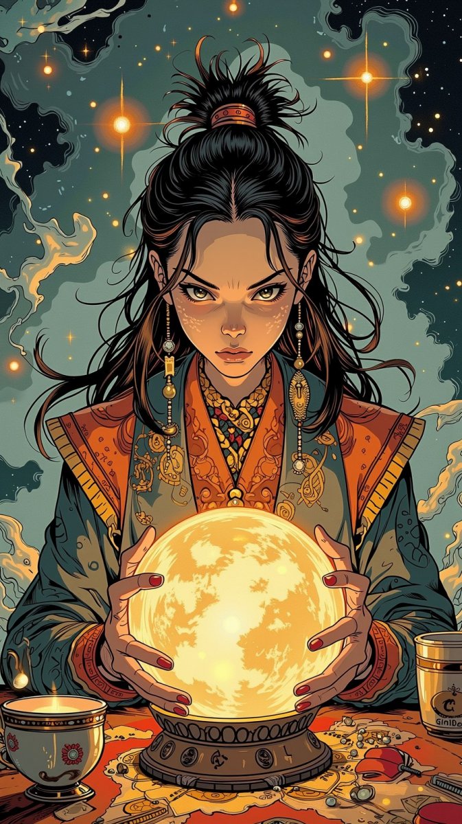 Таинственная гадалка и хрустальный шар: мистическое чернильное предсказание судьбы. Нейросеть Flux.1 Таинственная гадалка и хрустальный шар: мистическое чернильное предсказание судьбы. Нейросеть Flux.1