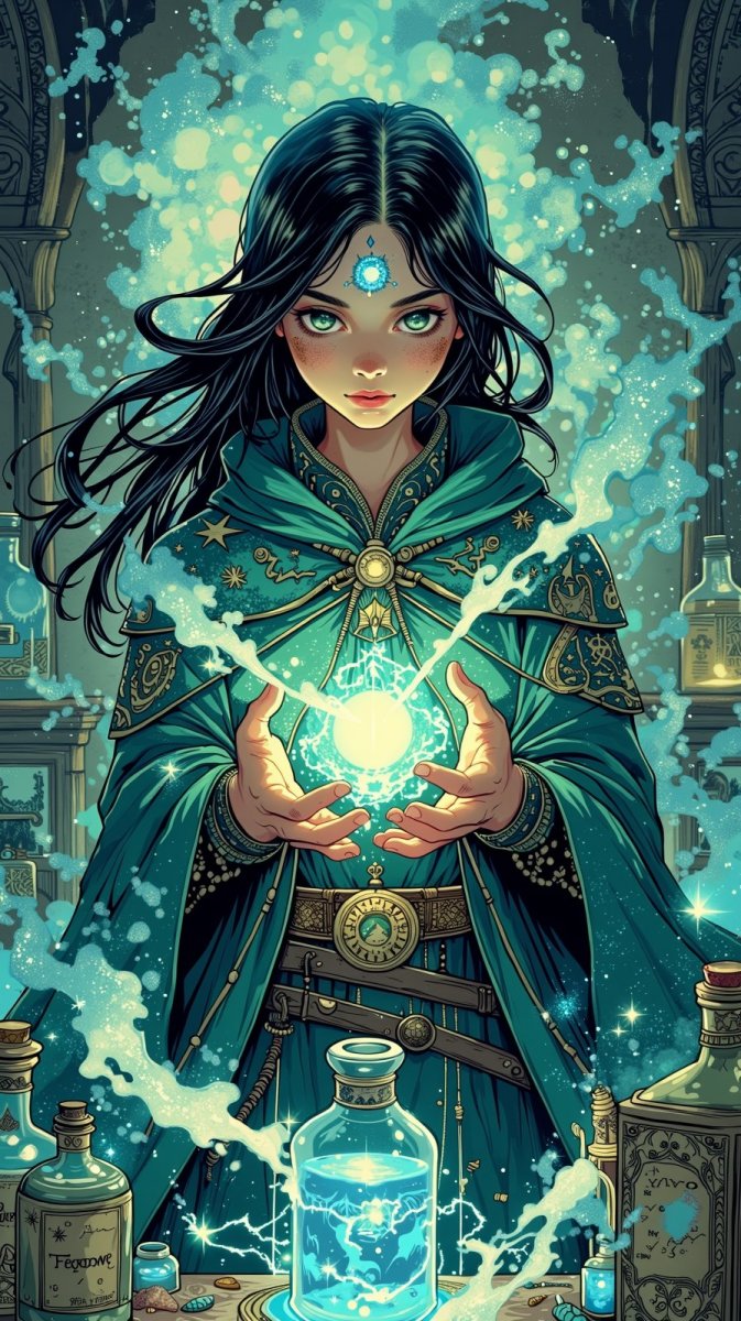 Алхимическая тайна: загадочная девушка в мире зелий и магии. Картинка из нейронной сети Flux.1 Алхимическая тайна: загадочная девушка в мире зелий и магии. Картинка из нейронной сети Flux.1