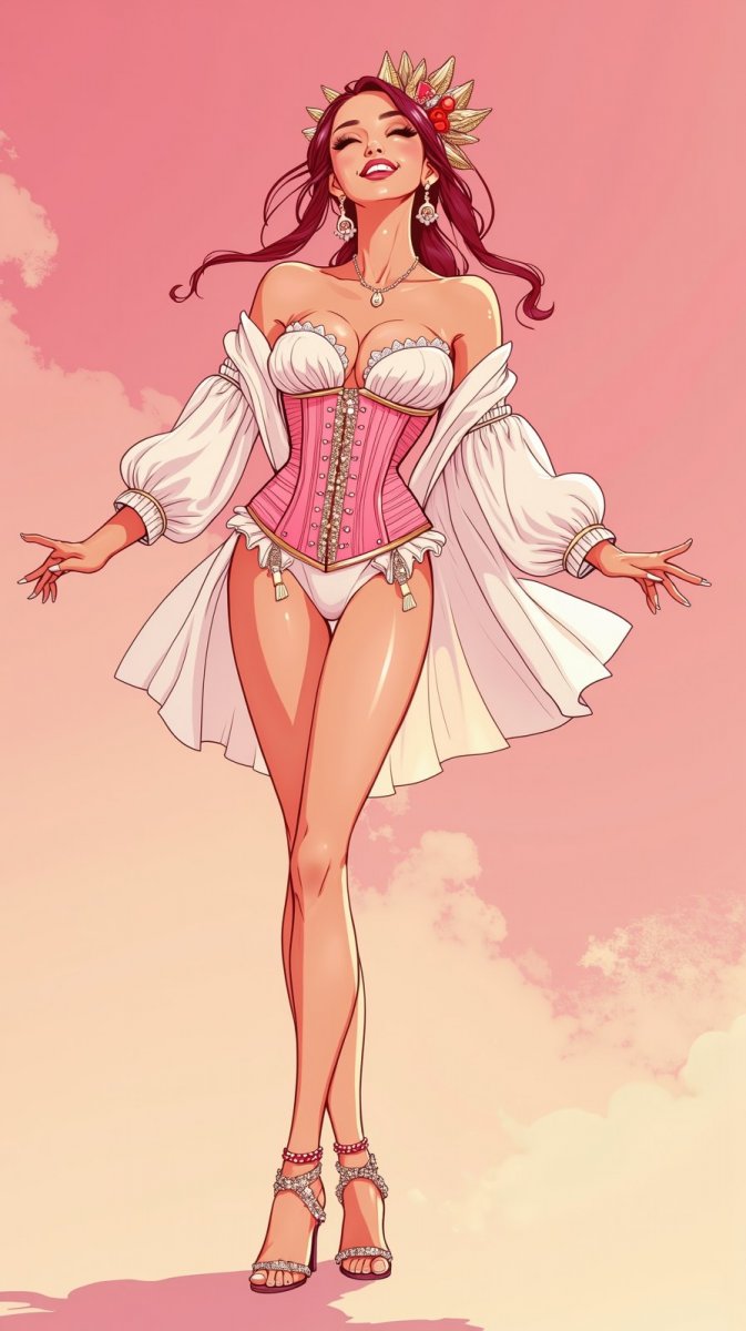 Яркая красотка в роскошном корсете и аксессуарах на розовом фоне. Генерация из нейросети Flux Яркая красотка в роскошном корсете и аксессуарах на розовом фоне. Генерация из нейросети Flux