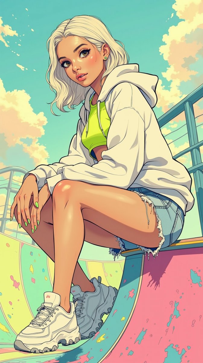 Модный образ городской модницы с платиновой шевелюрой и яркими акцентами. Генерация из нейросети Flux 1 Модный образ городской модницы с платиновой шевелюрой и яркими акцентами. Генерация из нейросети Flux 1