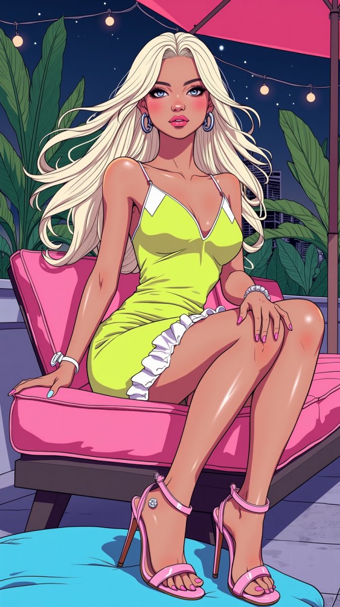 Блондинка в неоновом платье: вечернее великолепие на крыше. Нейронная сеть Flux Ai Блондинка в неоновом платье: вечернее великолепие на крыше. Нейронная сеть Flux Ai