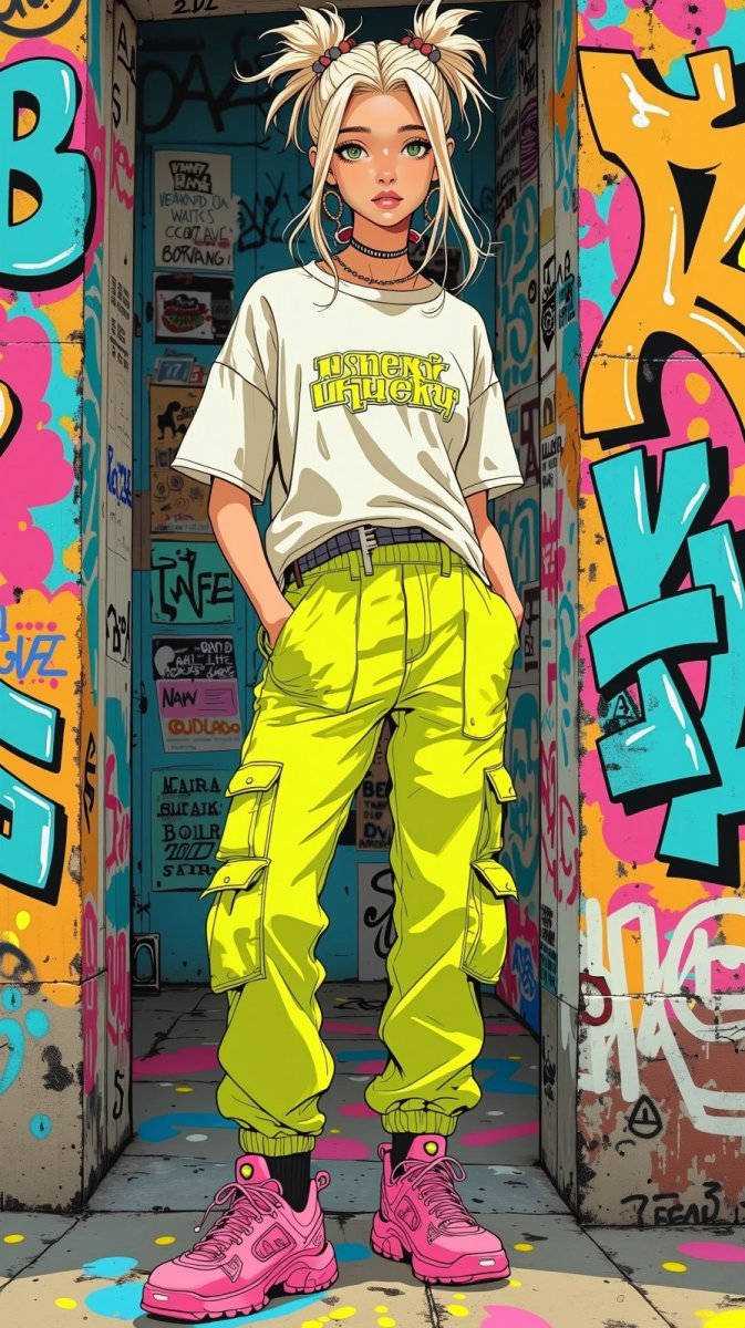 Уличный стиль: яркая девушка на фоне граффити и городская мода. Картинка из нейронной сети Flux Уличный стиль: яркая девушка на фоне граффити и городская мода. Картинка из нейронной сети Flux