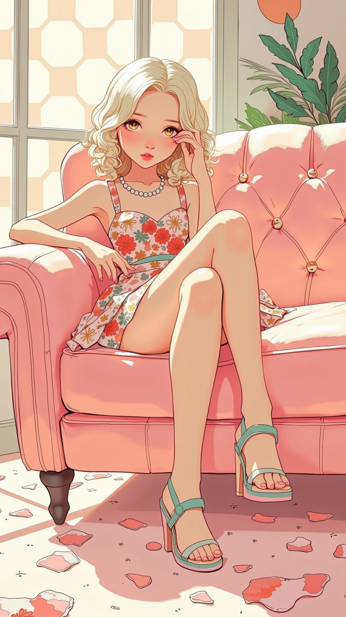 Ретро-шик: нежность платиновой блондинки и винтажный стиль в интерьере. Генерация из нейросети Flux.1 Ретро-шик: нежность платиновой блондинки и винтажный стиль в интерьере. Генерация из нейросети Flux.1