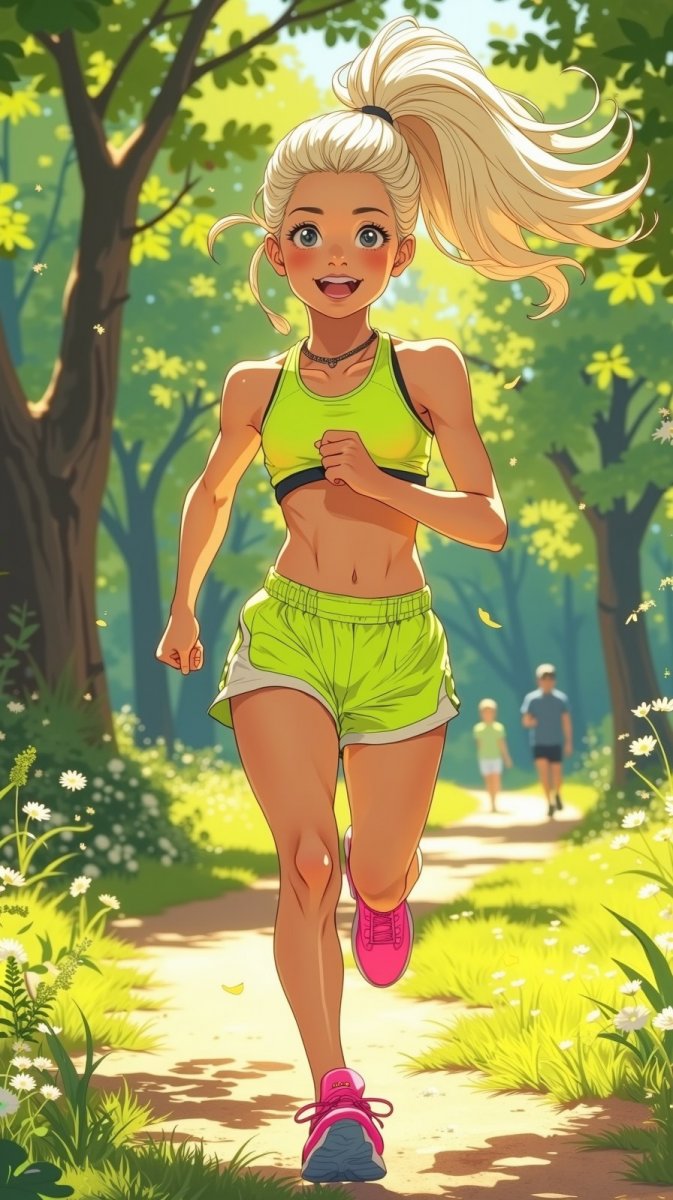 Веселая пробежка в солнечном парке: спортивный стиль и яркие краски лета. Картинка из нейросети Flux Ai Веселая пробежка в солнечном парке: спортивный стиль и яркие краски лета. Картинка из нейросети Flux Ai