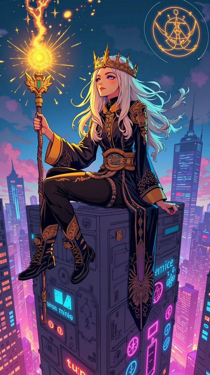 Магия над неоновым городом: волшебница на крыше. Нейросеть Flux Магия над неоновым городом: волшебница на крыше. Нейросеть Flux