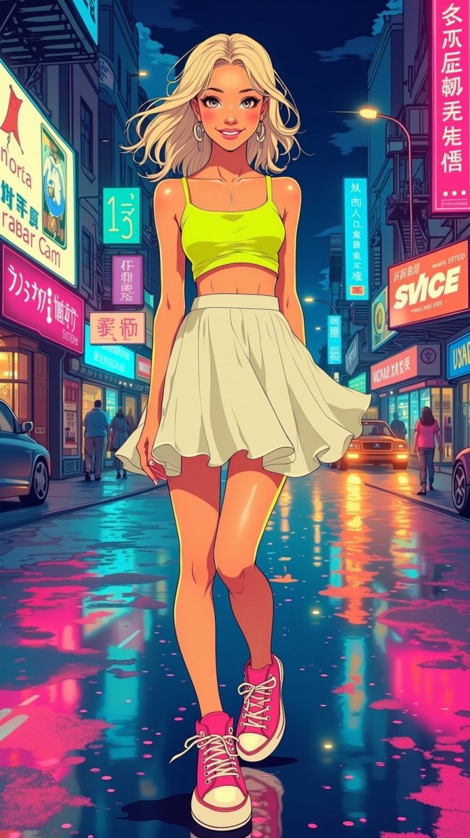 Девушка в неоновом городе: радость и сияние ночи. Нейронная сеть Flux Ai Девушка в неоновом городе: радость и сияние ночи. Нейронная сеть Flux Ai