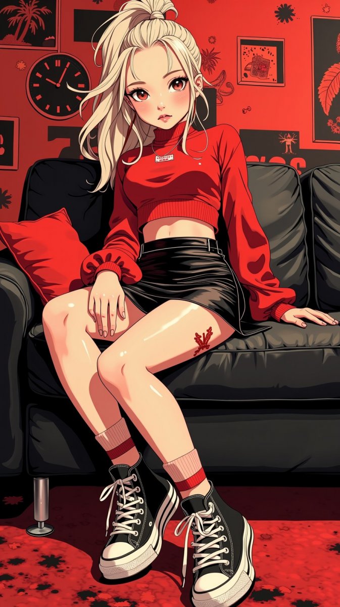 Энергия стиля: девушка в красном и черном на фоне градиентов. Изображение из нейронной сети Flux Ai Энергия стиля: девушка в красном и черном на фоне градиентов. Изображение из нейронной сети Flux Ai