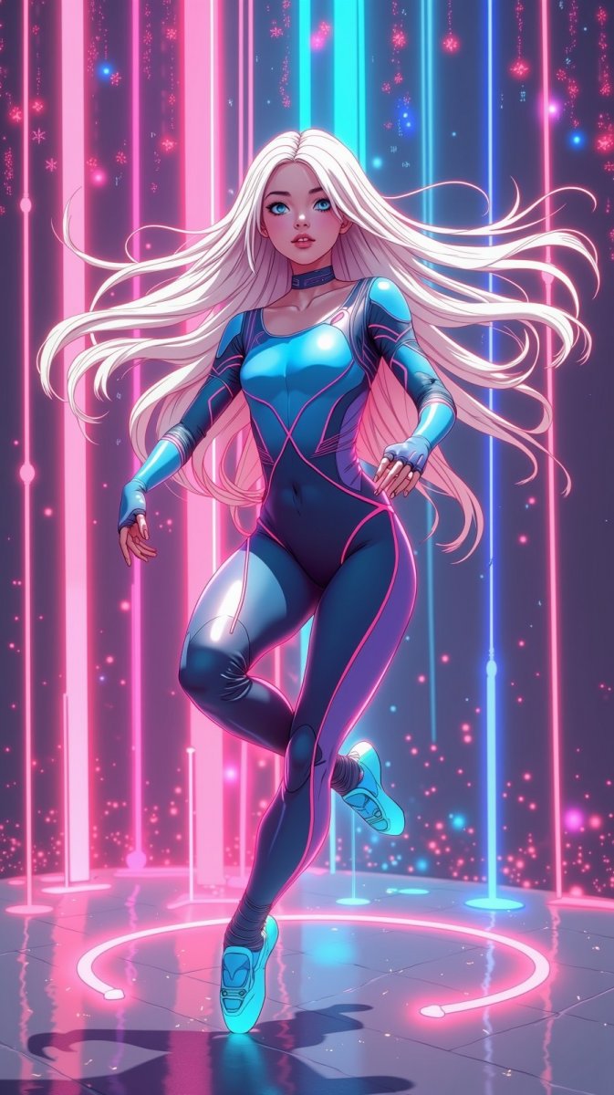 Элегантность и неоновый блеск в мире киберпанка. Изображение из нейросети Flux Ai Элегантность и неоновый блеск в мире киберпанка. Изображение из нейросети Flux Ai