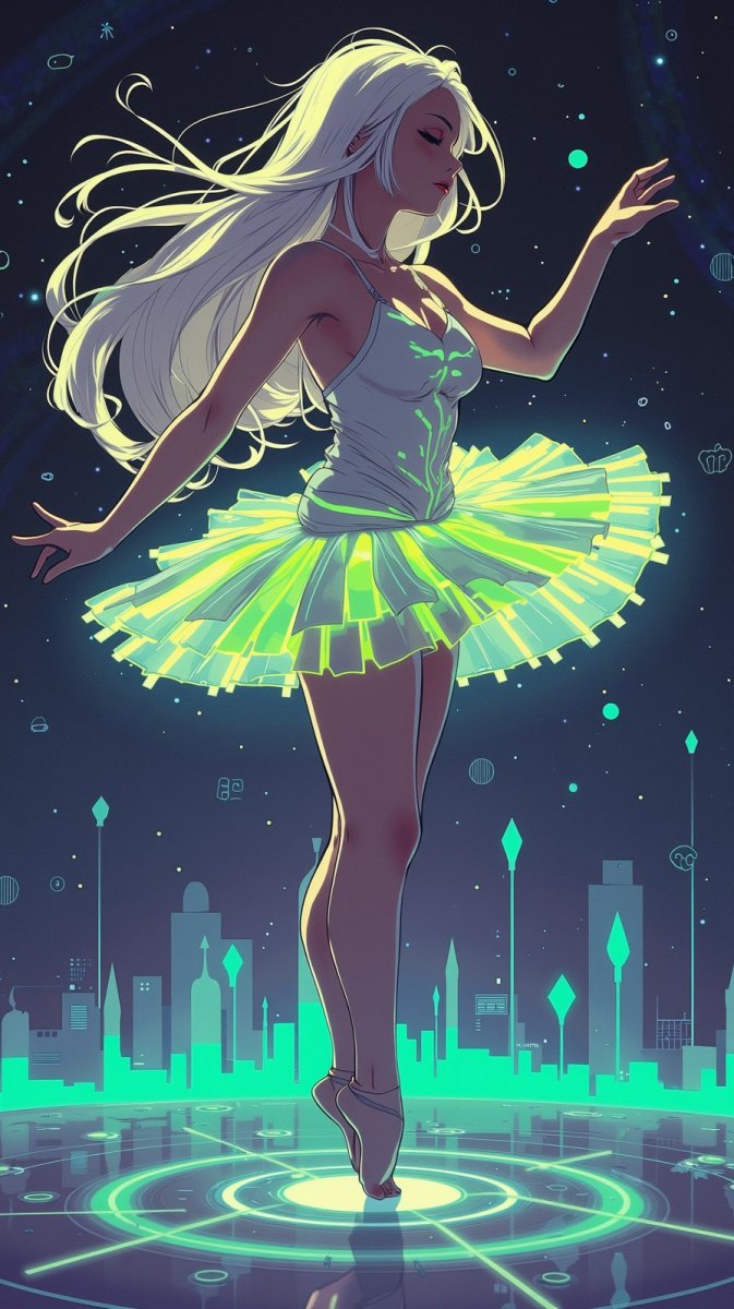 Неоновая танцовщица в стиле ретровейв и футуристический арабеск. Генерация из нейронной сети Flux 1 Неоновая танцовщица в стиле ретровейв и футуристический арабеск. Генерация из нейронной сети Flux 1