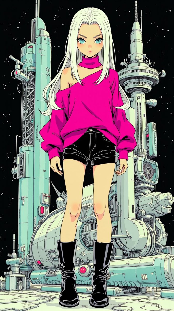 Девушка у космической станции: неоновый образ будущего в чернилах. Картинка из нейронной сети Flux 1 Девушка у космической станции: неоновый образ будущего в чернилах. Картинка из нейронной сети Flux 1