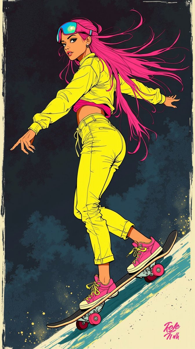 Яркая девушка на скейтборде в неоновом стиле и динамичной атмосфере. Генерация из нейросети Flux.1 Яркая девушка на скейтборде в неоновом стиле и динамичной атмосфере. Генерация из нейросети Flux.1