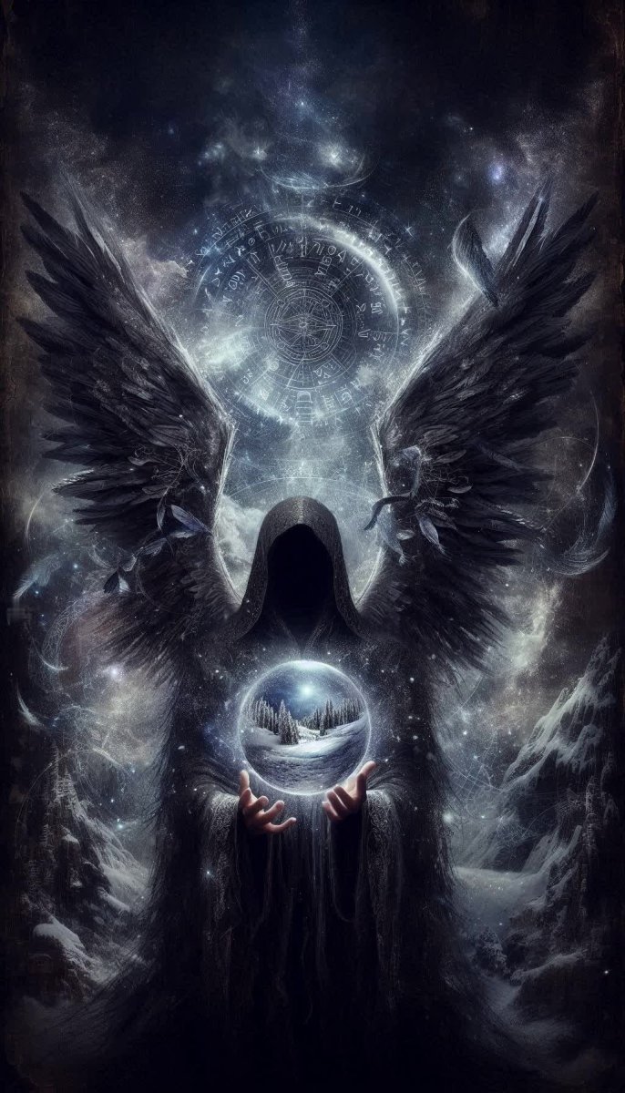 Тёмный инкуб: крылья тьмы и светящиеся руны зимнего мира. Картинка из нейросети Далли 3 Тёмный инкуб: крылья тьмы и светящиеся руны зимнего мира. Картинка из нейросети Далли 3