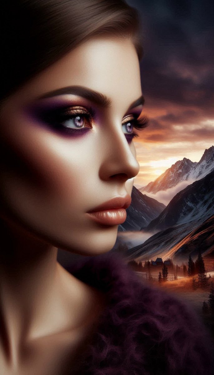 Загадочный взгляд на фоне горных вершин и заката: двойная экспозиция. Картинка из нейросети Dalle Загадочный взгляд на фоне горных вершин и заката: двойная экспозиция. Картинка из нейросети Dalle